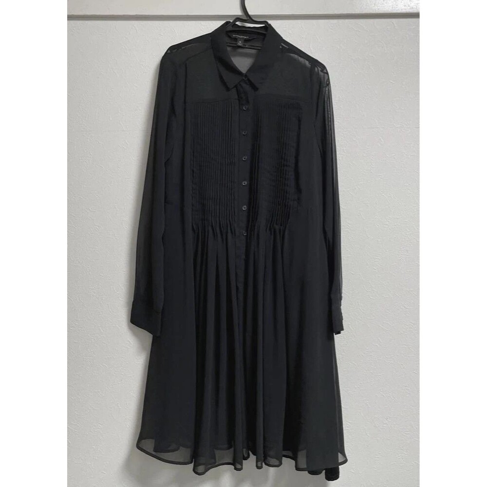 Banana Republic Black Sheer Chiffon Pintuck Shirt Dress 2Piece Set Slip Line SzM
